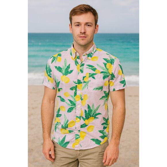 J crew flex stretch lemon floral fun print short sleeve button up preppy M EUC - Picture 1 of 8